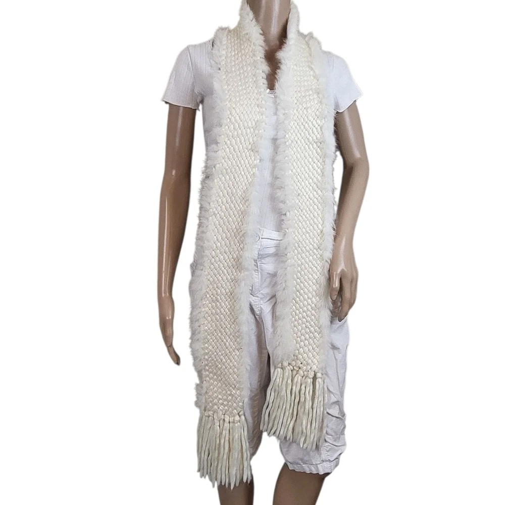 Women's Angora Braided Fringe Knit Scarf White